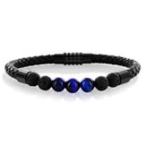 Metallo Stainless Steel Genuine Bead Leather Bracelet - Blue Tiger Eye