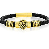 Metallo Stainless Steel Oxidized Lion, Genuine Leather Bracelet - Gold Plated