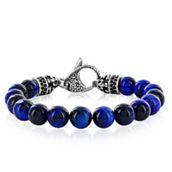 Metallo Stainless Steel Genuine 10mm Bead Bracelet, w/Black CZ - Blue Tiger Eye