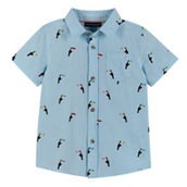 Blue Toucan Print Woven Short Sleeve Buttondown Shirt