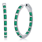 Brilliance Sterling Silver Baguette CZ 25mm Hoop Earrings - Emerald CZ