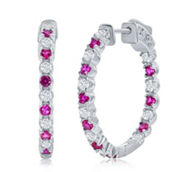 Brilliance Sterling Silver 3x25mm Hoop Earrings - Created Ruby & White Sapphire
