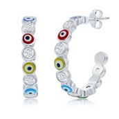 Brilliance Sterling Silver CZ & Multi-Color Enamel Evil Eye 20mm Hoop Earrings