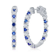 Brilliance Sterling Silver 3x25mm Hoop Earrings - Created Blue & White Sapphire