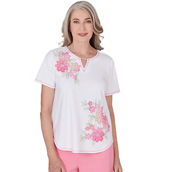 Alfred Dunner Petite Miami Beach Women's Short Sleeve Floral Applique Top