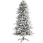 Nearly Natural 6-ft Flocked Livingston Fir Artificial Christmas Tree with Pine Con