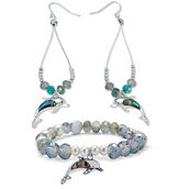 PalmBeach Sim. Pearl Silvertone Dolphin Earrings And Bracelet Set, 7in