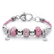 PalmBeach Pink Crystal Silvertone Charm Bracelet 7.5
