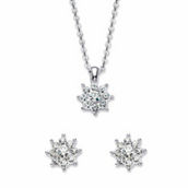 PalmBeach Round Crystal Flower Stud Earring and Necklace in Silvertone 18