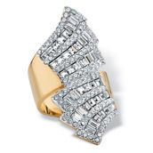 PalmBeach Step-Top Baguette Crystal Bypass Cocktail Ring Yellow Gold-Plated