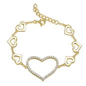 14k Yellow Gold Plated Cubic Zirconia Heart Halo Charm Bracelet in Sterling Silver