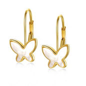 14k Yellow Gold with Mother of Pearl Butterfly Inlay Dangle Drop Leverback Earrings