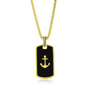 Metallo Stainless Steel, Anchor Dog Tag Necklace - Black & Gold