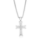 Metallo Stainless Steel Brushed & Polished CZ Cross Necklace