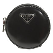 Prada Triangle Plaque Smooth Black Leather Round Mini Pouch Keychain (New)