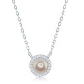 Simona Sterling Silver Pearl with CZ Border Necklace