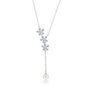 Simona Sterling Silver 6mm FWP, Flower CZ Lariat Necklace