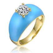 Young Adults/Teens 14k Yellow Gold Plated with CZ Solitaire Blue Enamel Dome Ring