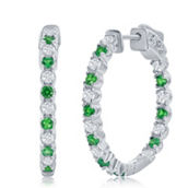 Bellissima Sterling Silver 3x25mm Hoop Earrings - Created Emerald & White Sapphire