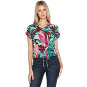Belldini Printed Collared Button-Front Printed Floral Top