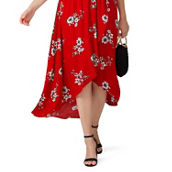 Floral Printed Wrap Midi In Red (Pre-Owned)