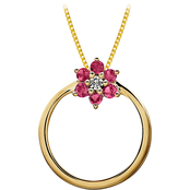 10K Yellow Gold Diamond Accent with Genuine Ruby Flower Circle Pendant