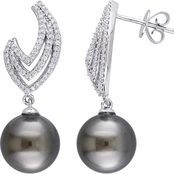 Tahitian Cultured Pearl and 3/8 CT TW Diamond Flame Drop Earrings in 14k White Gold
