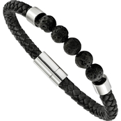 Stainless Steel Polished Black Leather Lava Stone Bracelet