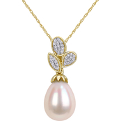 Michiko 10K Yellow Gold Freshwater Pearl and 1/10 CTW Diamond Leaf Drop Pendant