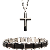 INOX Stainless Steel Cross Pendant and Reversible Bracelet Set