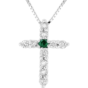 14K White Gold Emerald and Diamond Cross Pendant