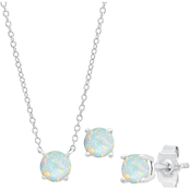 Sterling Silver Round Created Opal Earrings and Pendant Set