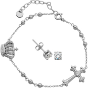 Sterling Silver Cubic Zirconia Crown Cross Bracelet and Earrings Set