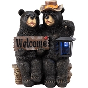 Alpine 15 in. Tall Bear Couple with Lantern and Welcome Sign Statue & Solar LED