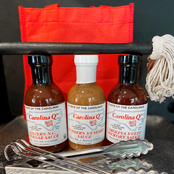Carolina BBQ Sauces 3 units, 12 oz. each with Tongs, Skewers and BBQ Mop