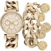 Kendall + Kylie: Goldtone Mock Chronograph Analog Watch and Coin Bracelet Set