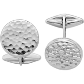 Sterling Silver Rhodium Plated Polished and Hammered Round Cuff Link