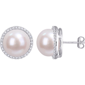 Sterling Silver Cultured Freshwater Pearl and 1/2 CT TW Diamond Halo Stud Earrings