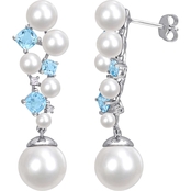 Sofia B. Sterling Silver Freshwater Pearl Blue Topaz Diamond Cluster Drop Earrings