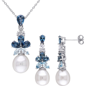 Sofia B. Silver Cultured Pearl Blue Topaz Cluster Drop Earrings and Necklace