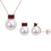 Sofia B. 10K Rose Gold Cultured Pearl and Garnet Stud Earrings and Necklace Set