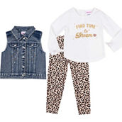 Little Lass Toddler Girls Leopard Denim Dream Vest 3 pc. Set