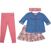 Little Lass Toddler Girls Denim Top, Plaid Skirt, Leggings and Headband 4 pc. Set