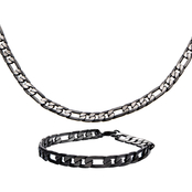 INOX Men's Blacktone Figaro Chain Necklace and Bracelet Set