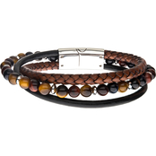 INOX Men's Tiger Eye Beads with Brown Braided and Black Leather Layered Bracelet