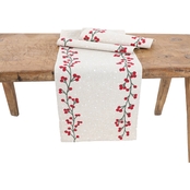 Manor Luxe Holly Berry Branch Crewel Embroidered Christmas Table Runner