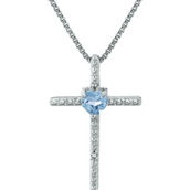 Sterling Silver Created Aquamarine and Natural Diamond Cross Pendant