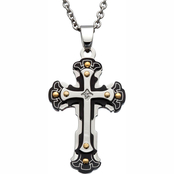 Black & Blue Stainless Steel and Black IP Small Diamond Accent Cross Pendant 30 in.