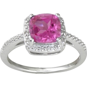 Sterling Silver Created Pink Sapphire Ring with Diamond Accents