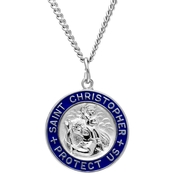Sterling Silver Saint Christopher Medal with Blue Epoxy and Stainless Chain 24 in.